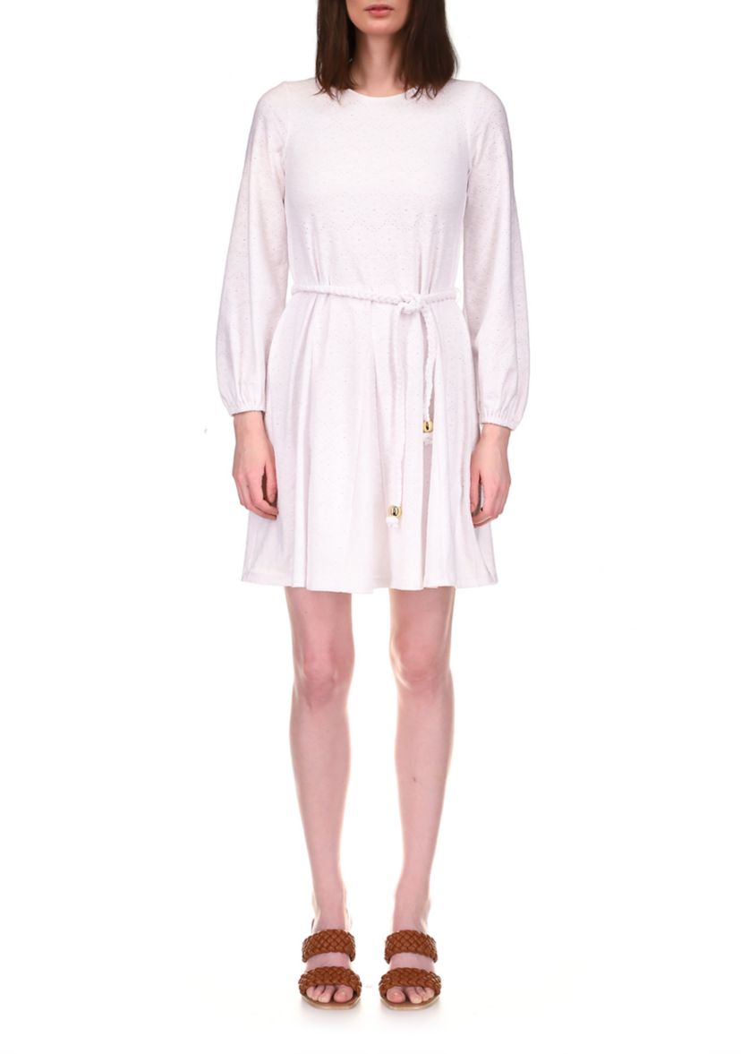 Womens Long Sleeve Eyelet Dress with Belt