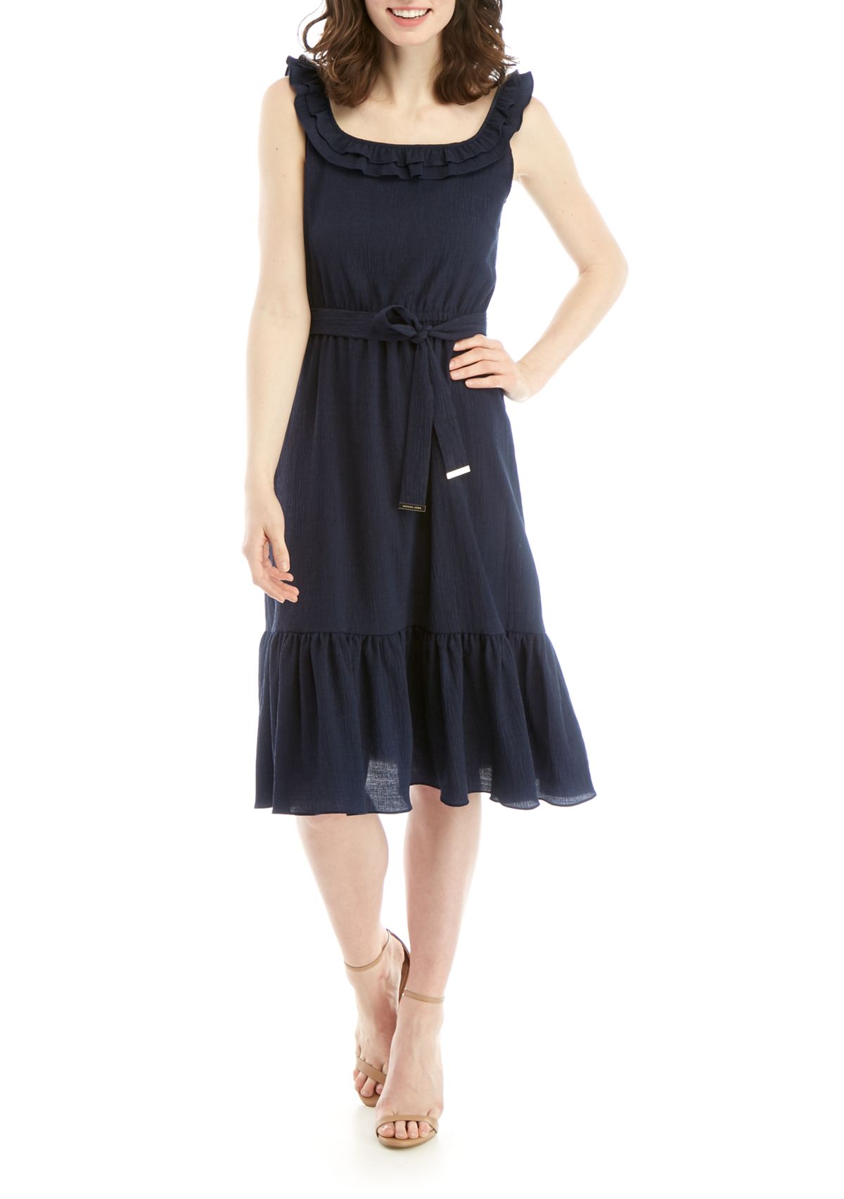 Gauze Midi Dress with Ruffle Neck