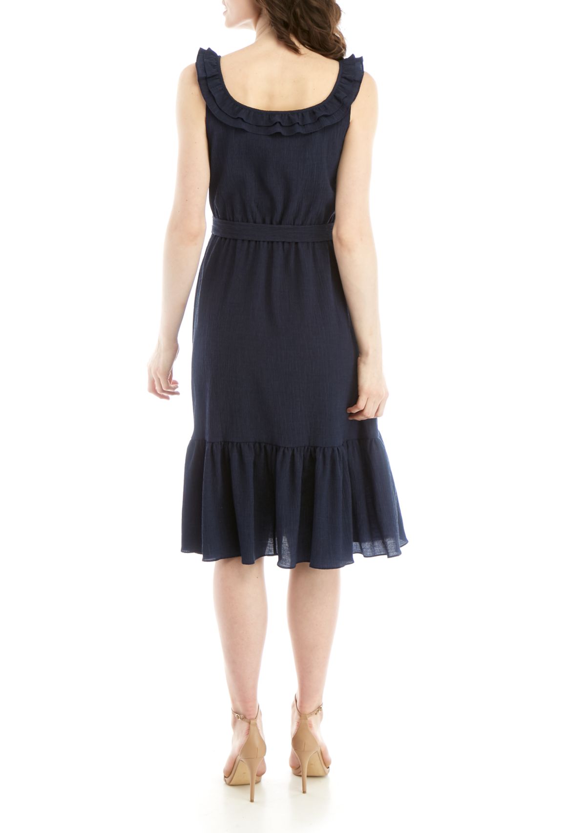 Gauze Midi Dress with Ruffle Neck