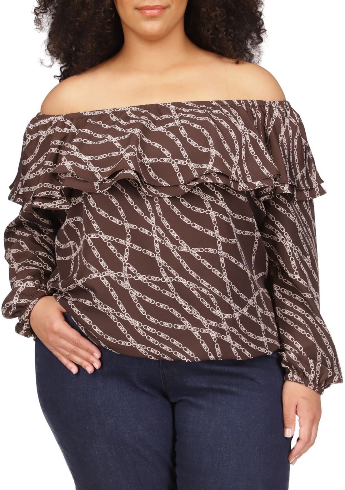 Plus Size Chain Print Ruffle Peasant Top