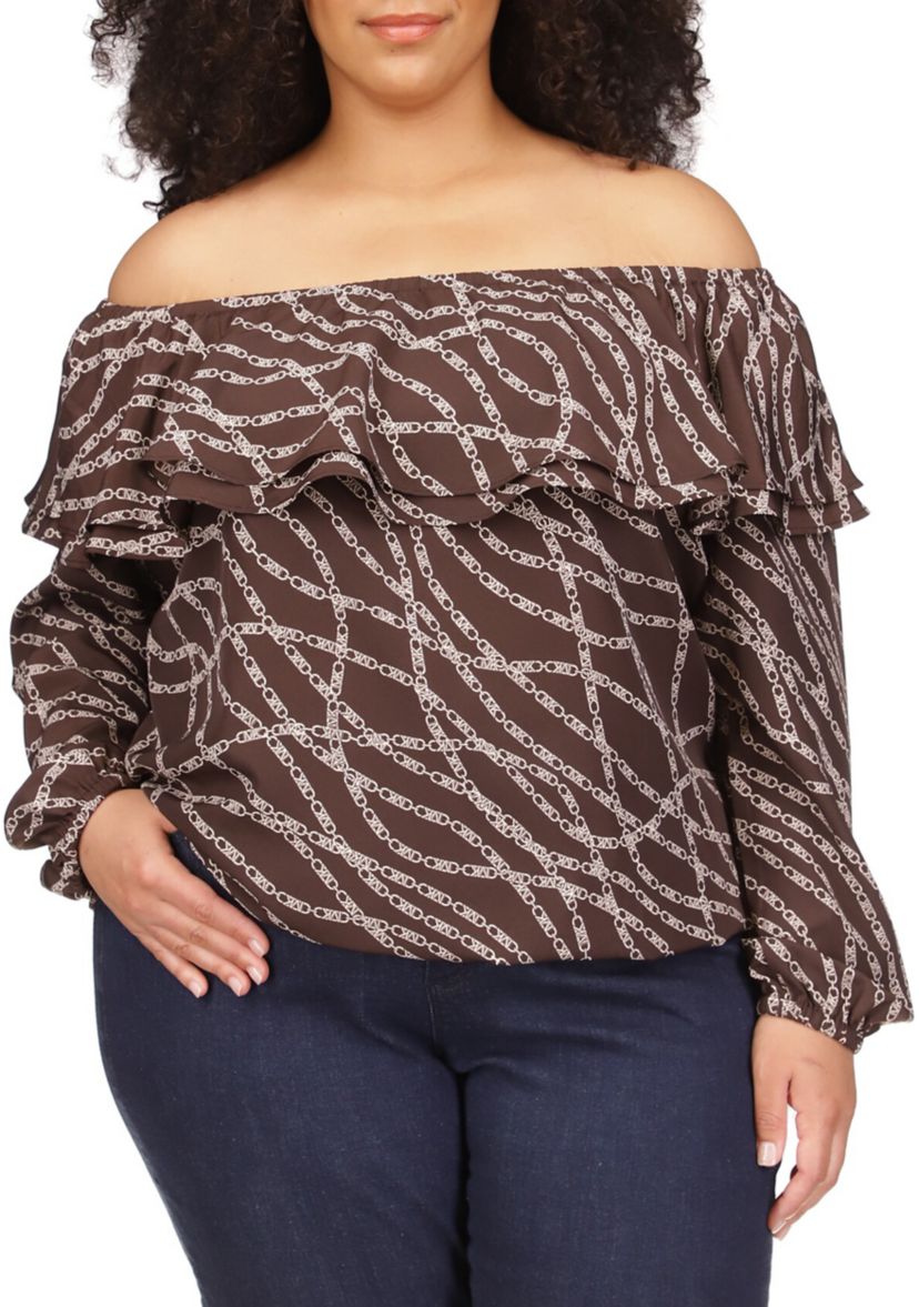 Plus Size Chain Print Ruffle Peasant Top
