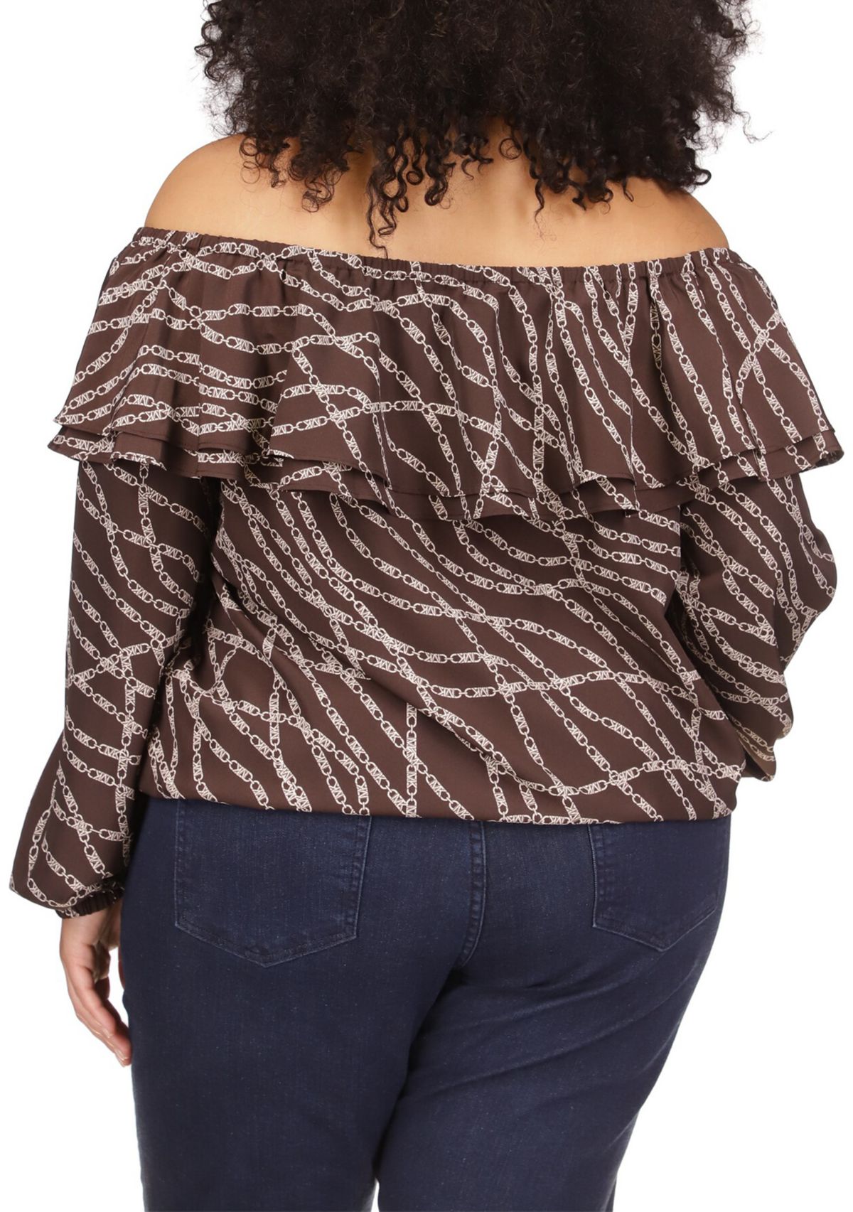 Plus Size Chain Print Ruffle Peasant Top