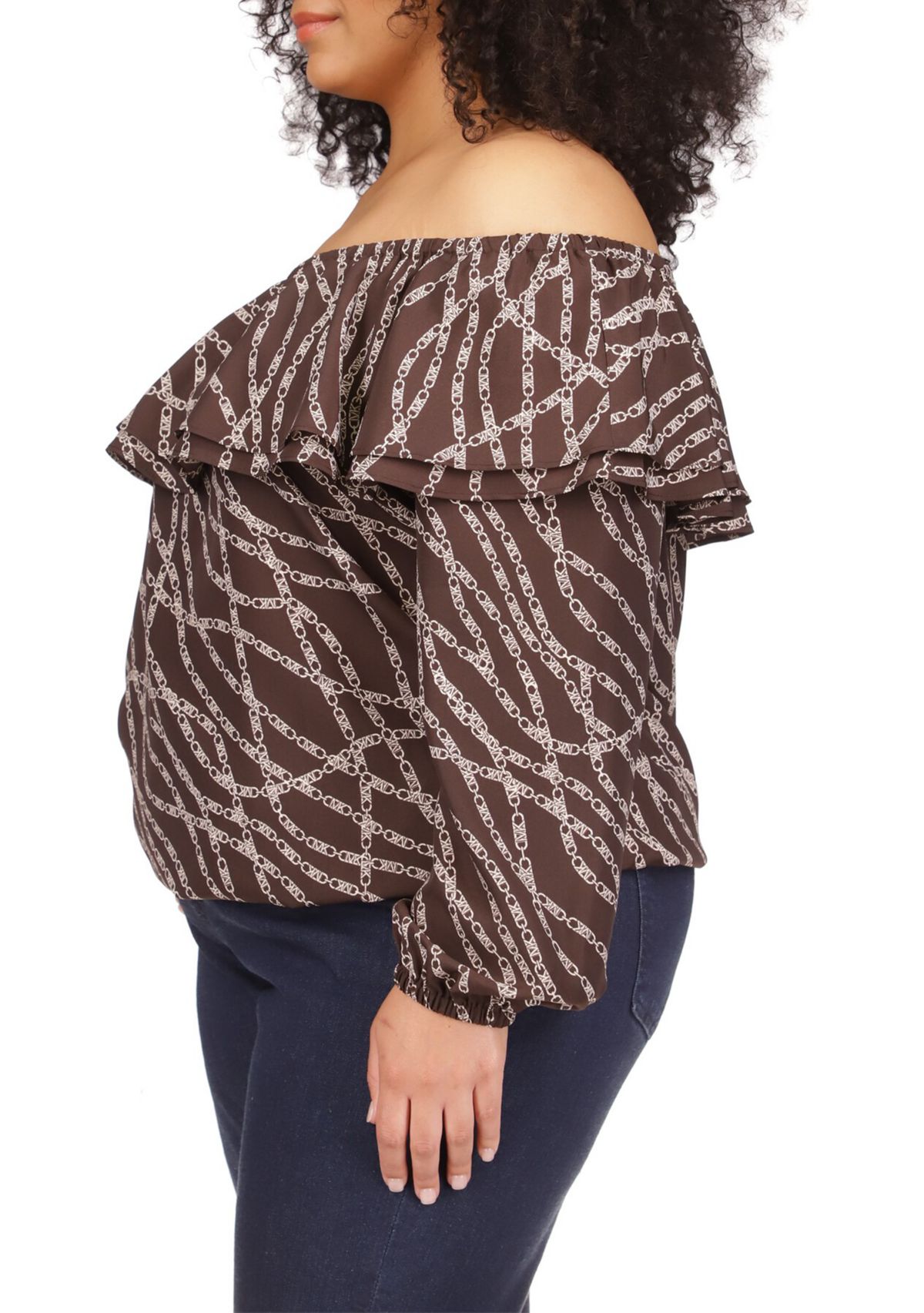 Plus Size Chain Print Ruffle Peasant Top