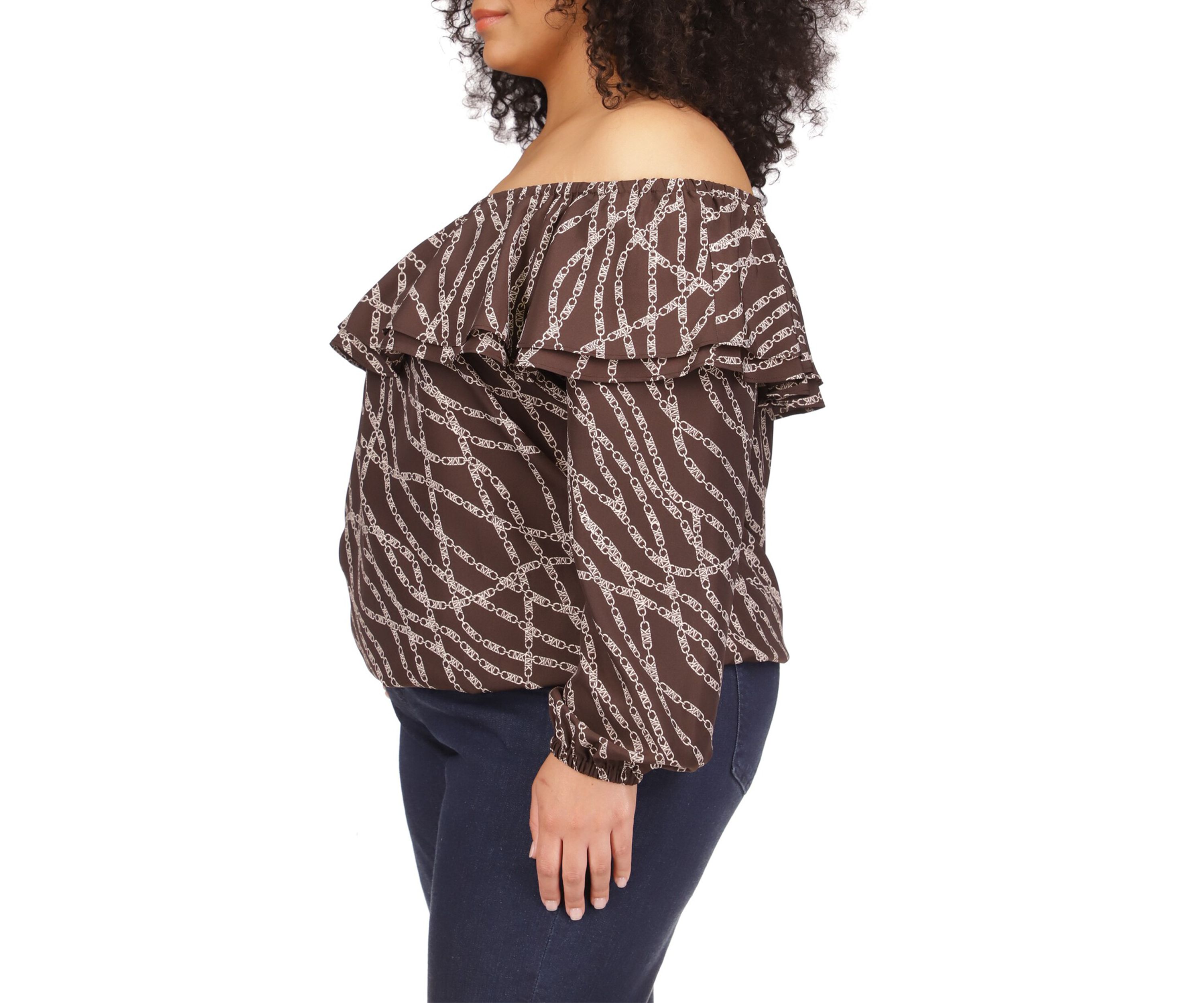 Plus Size Chain Print Ruffle Peasant Top