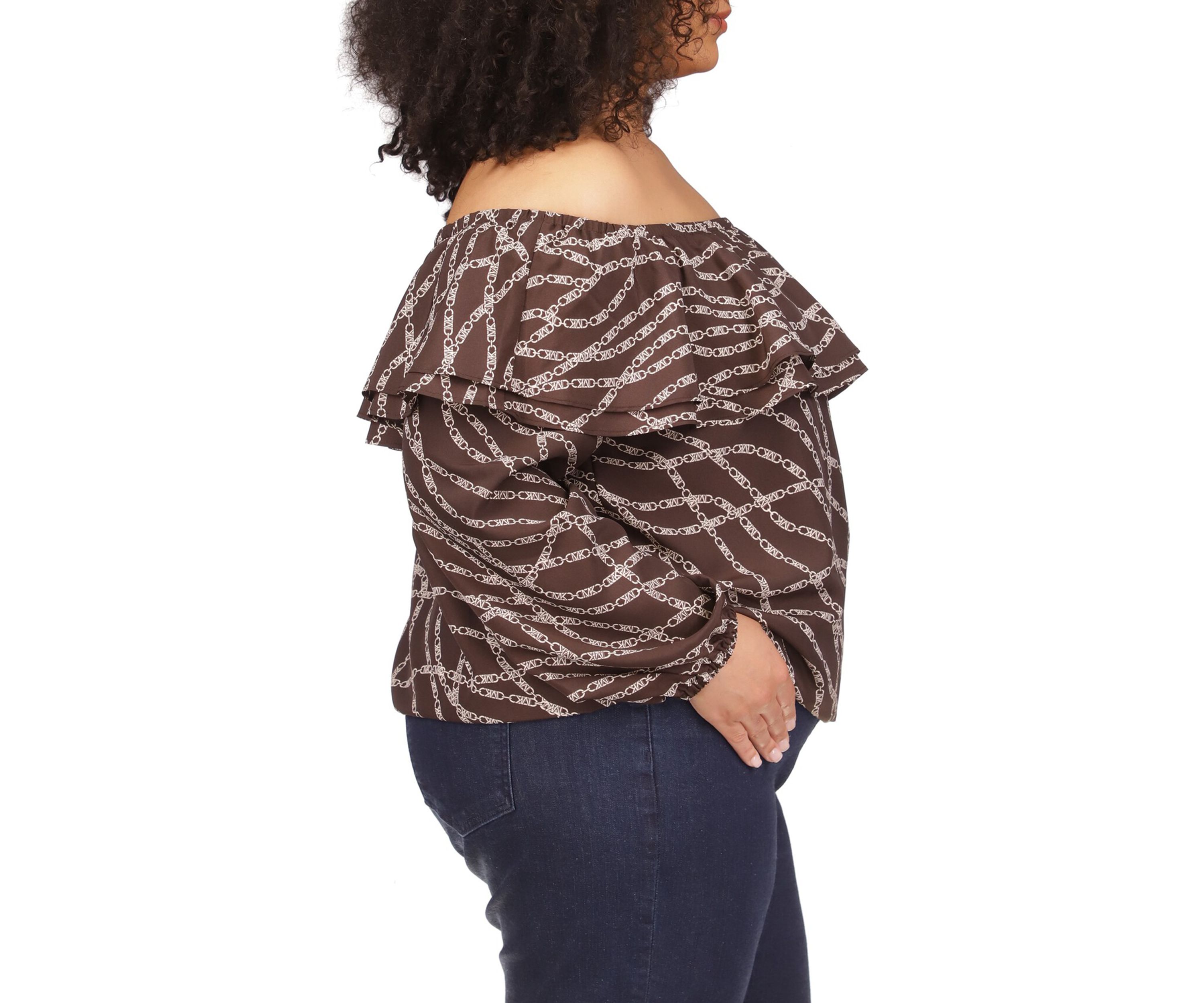 Plus Size Chain Print Ruffle Peasant Top