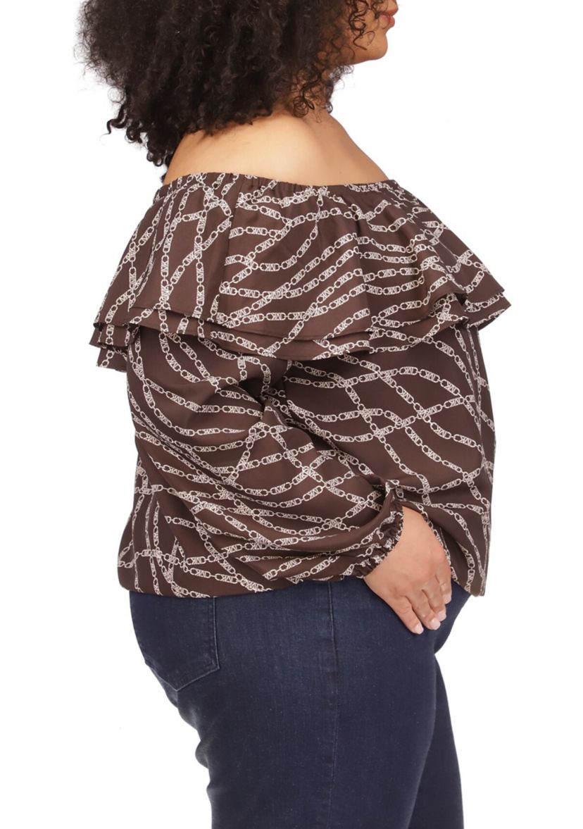 Plus Size Chain Print Ruffle Peasant Top