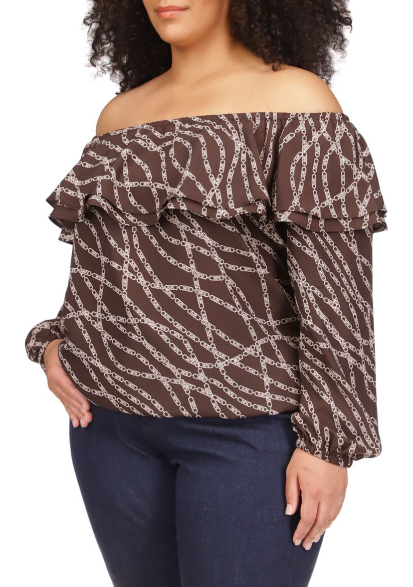 Plus Size Chain Print Ruffle Peasant Top