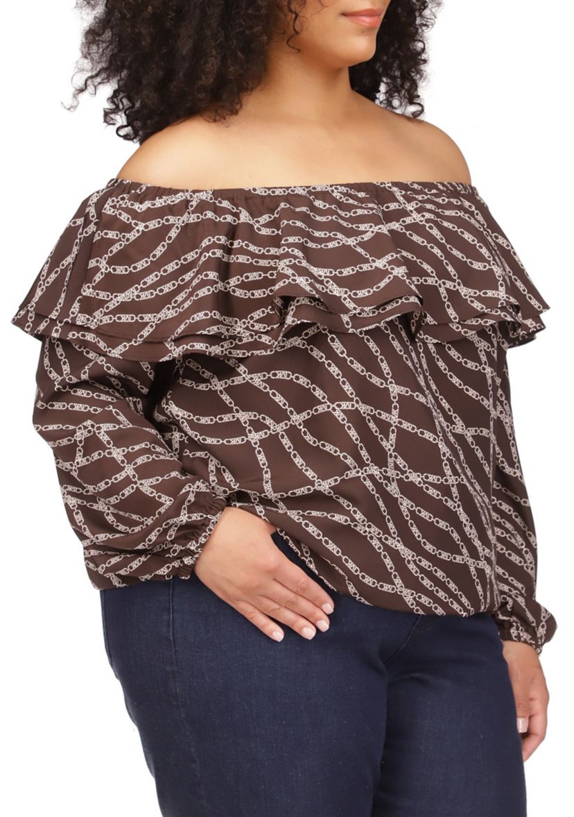 Plus Size Chain Print Ruffle Peasant Top