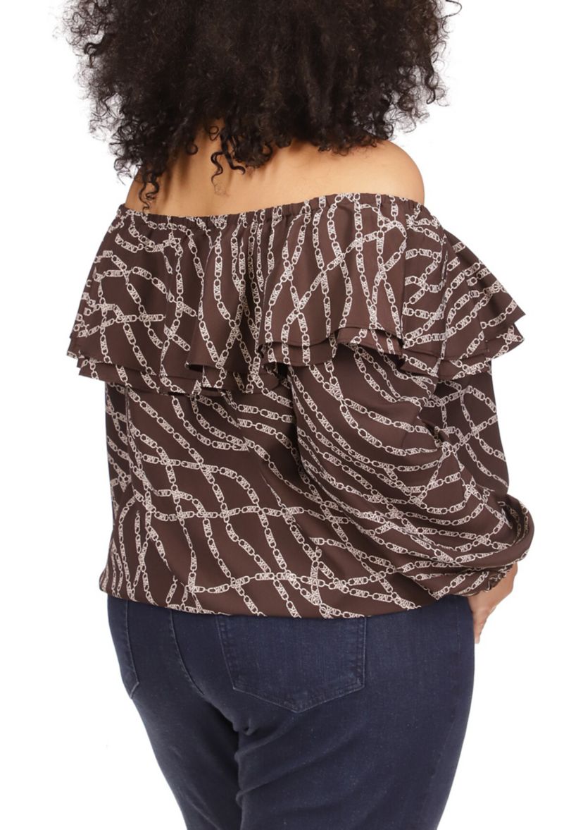 Plus Size Chain Print Ruffle Peasant Top