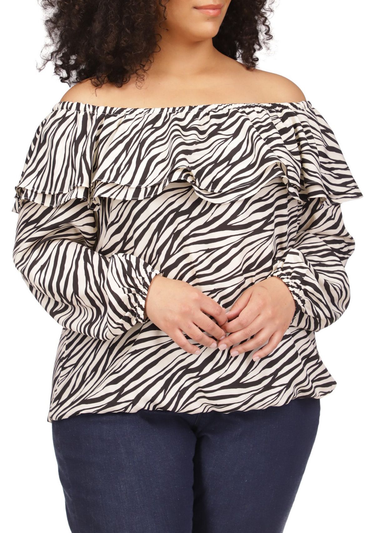 Plus Size Tiger Print Ruffle Peasant Top