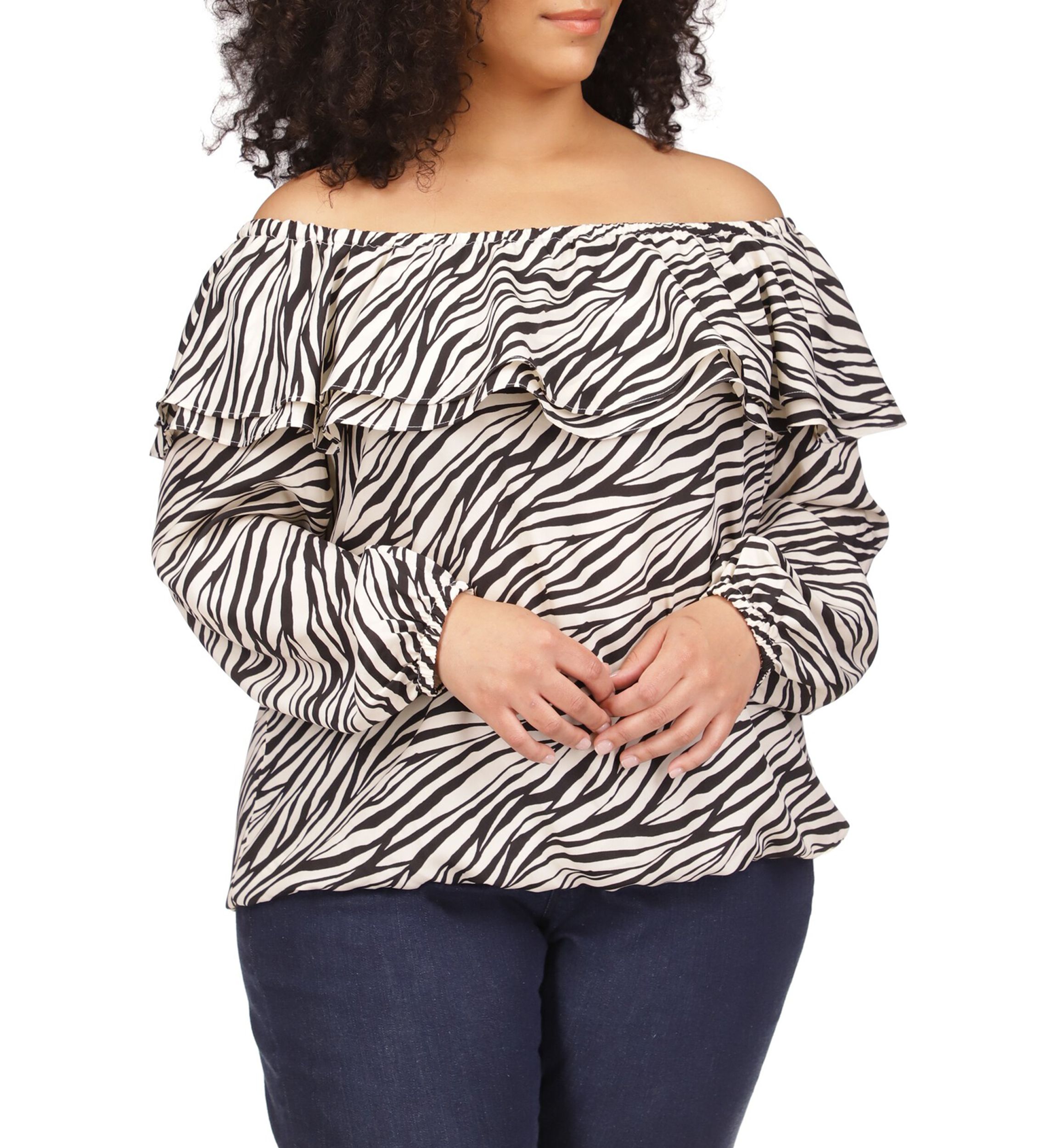 Plus Size Tiger Print Ruffle Peasant Top