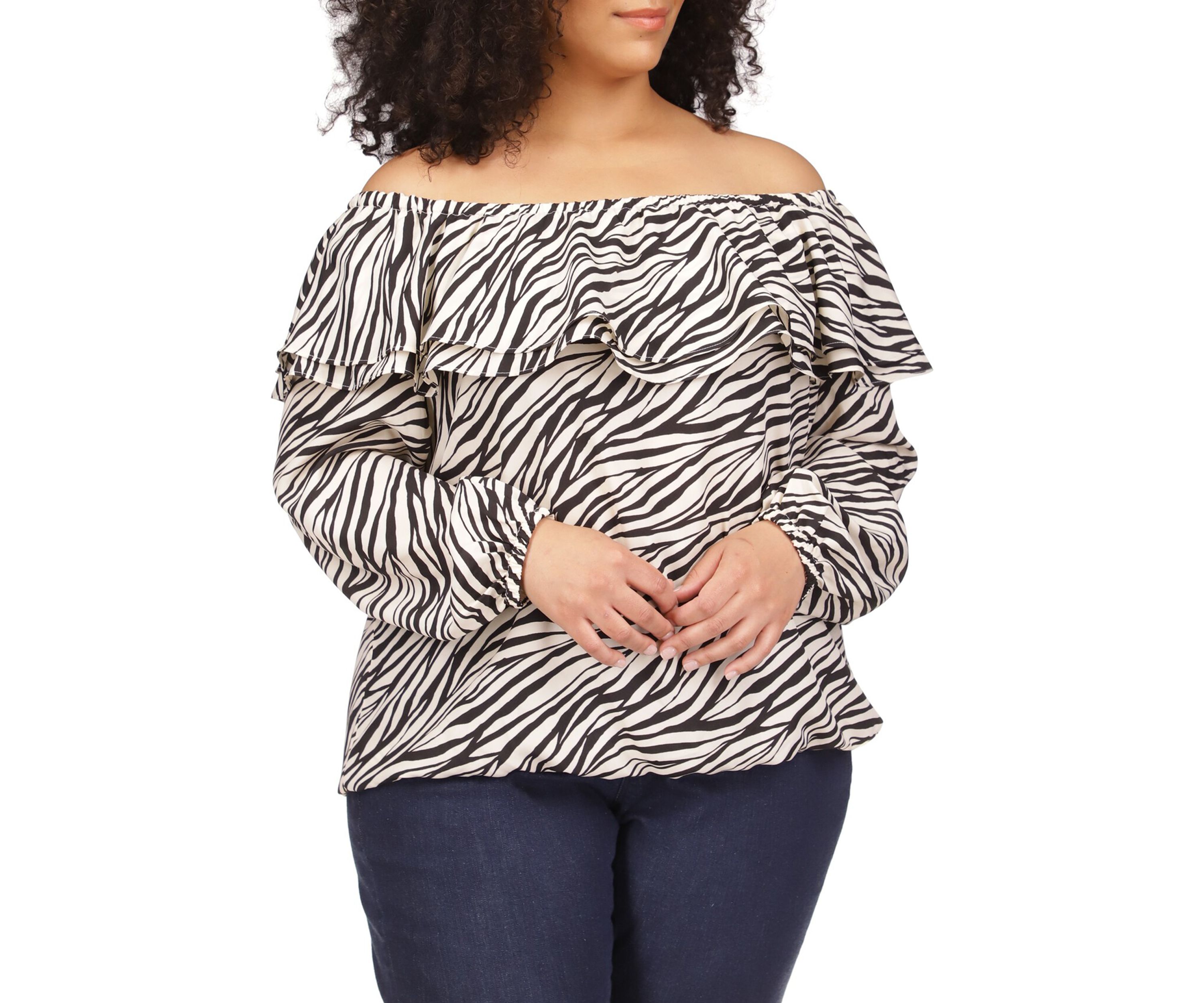 Plus Size Tiger Print Ruffle Peasant Top