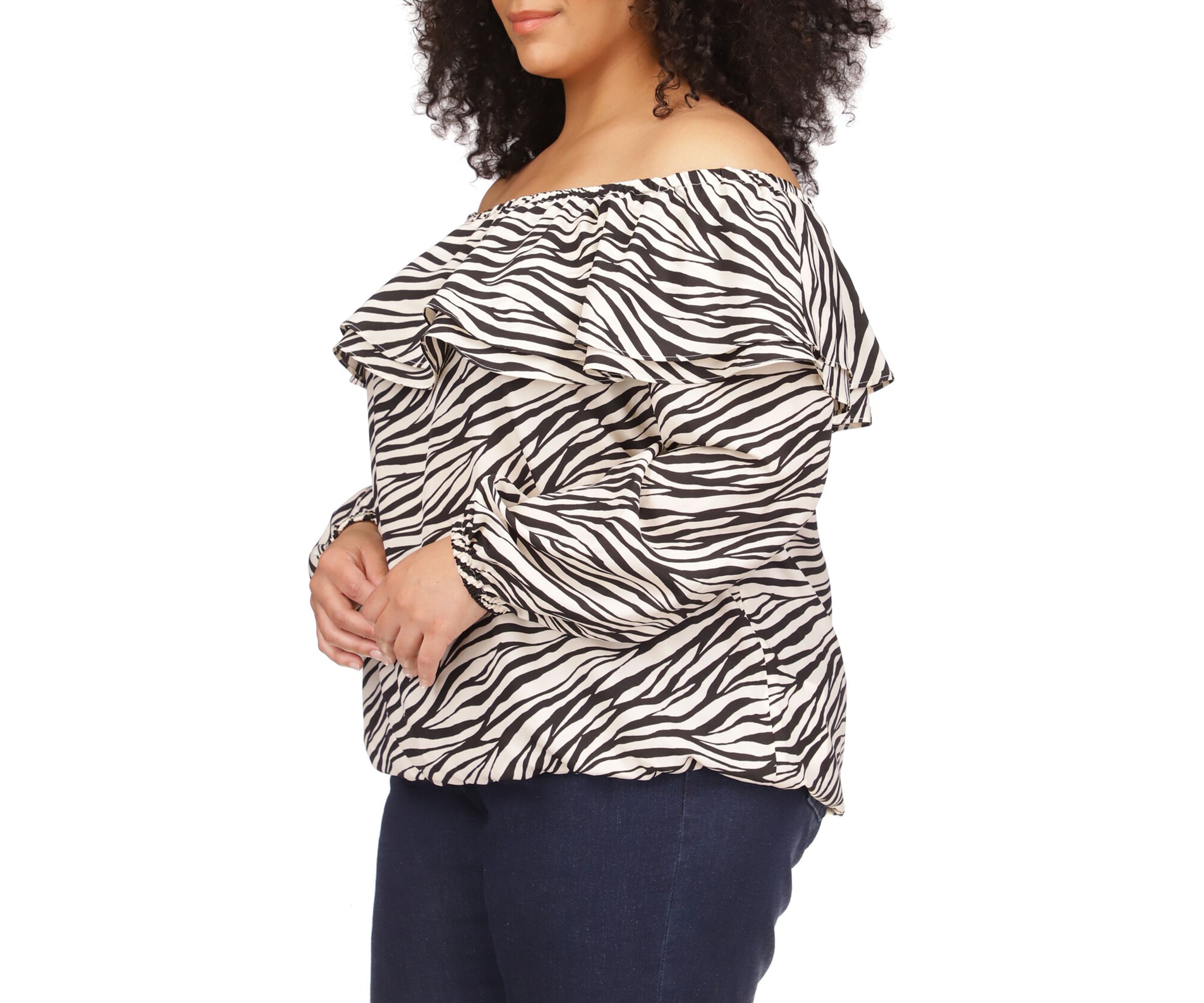 Plus Size Tiger Print Ruffle Peasant Top