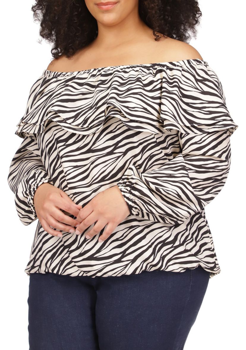 Plus Size Tiger Print Ruffle Peasant Top