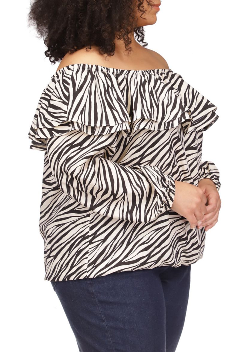 Plus Size Tiger Print Ruffle Peasant Top