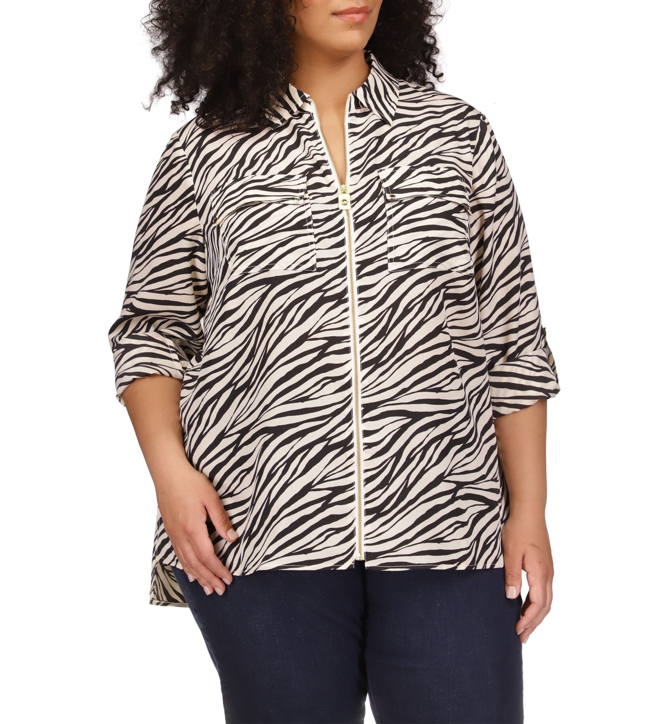 Plus Size Zebra Print Dog Tag Woven Shirt 
