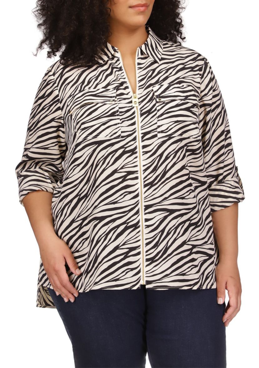 Plus Size Zebra Print Dog Tag Woven Shirt 