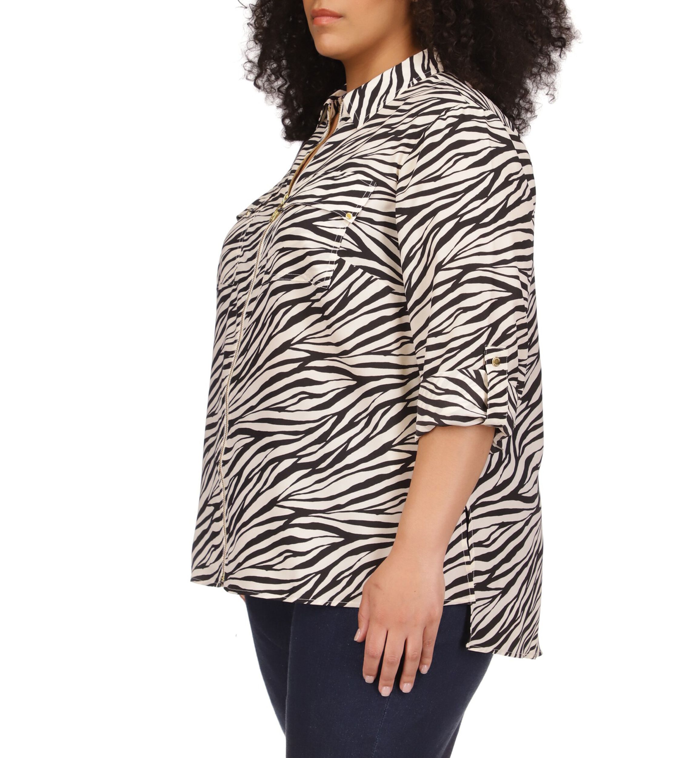 Plus Size Zebra Print Dog Tag Woven Shirt 