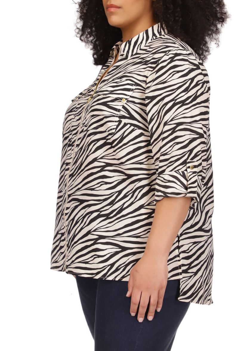 Plus Size Zebra Print Dog Tag Woven Shirt 
