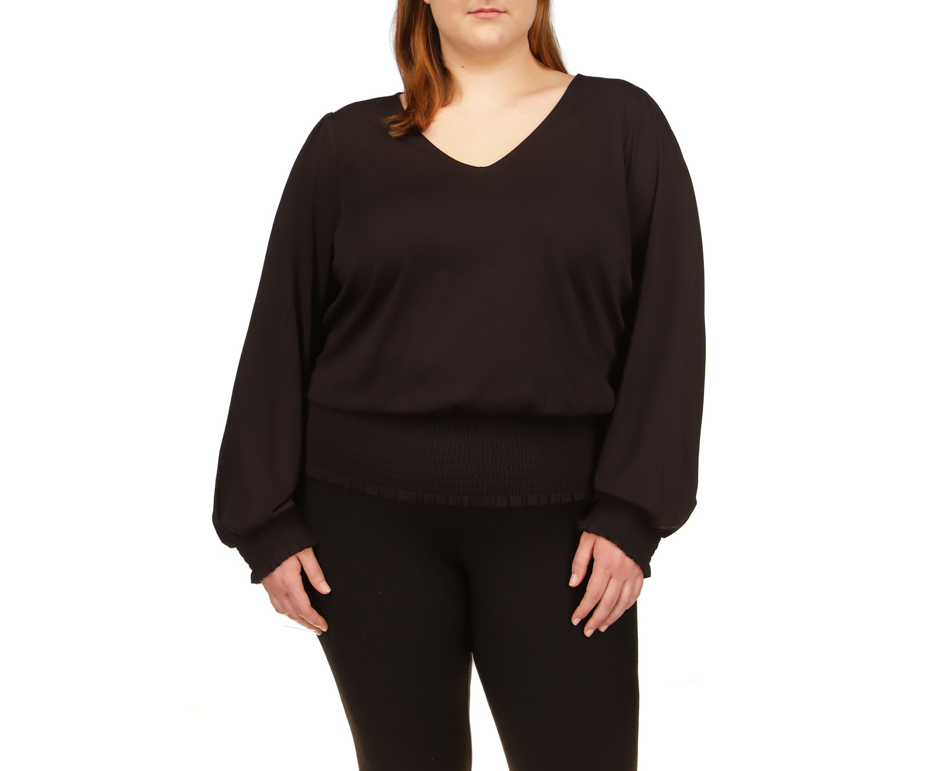 Plus Size Solid Long Sleeve Smock Top