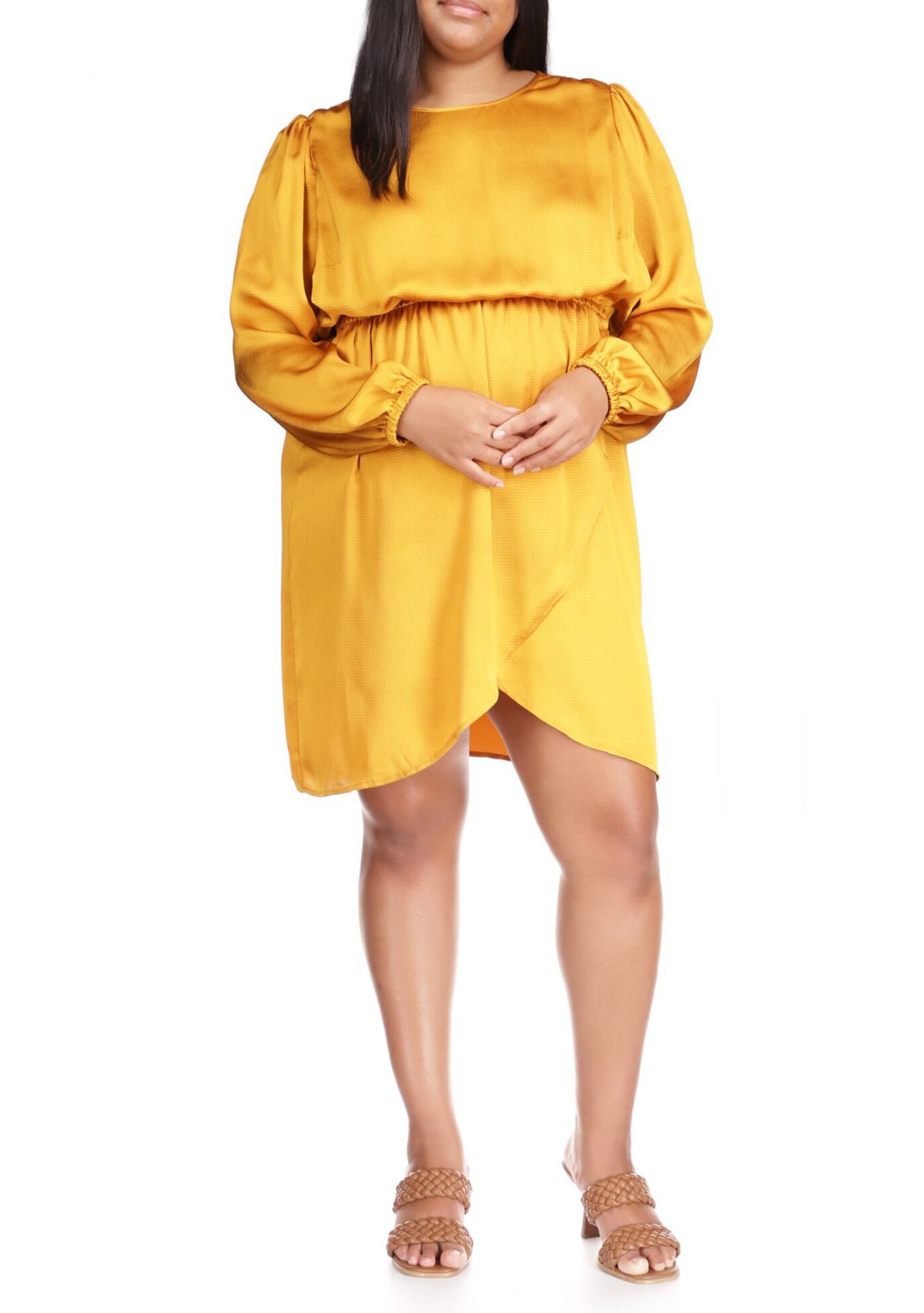 Plus Size Long Sleeve Satin Flounce Dress