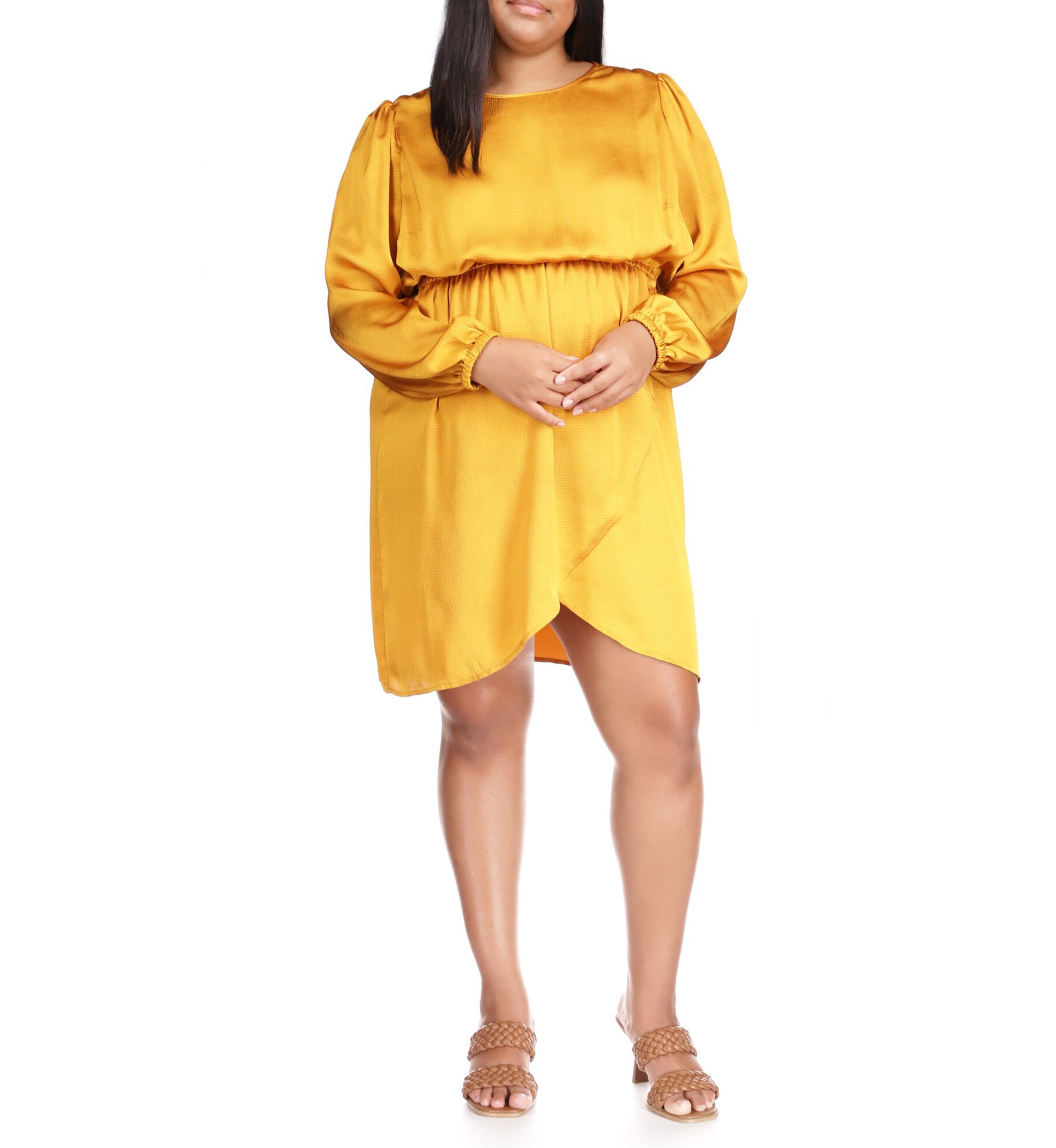 Plus Size Long Sleeve Satin Flounce Dress