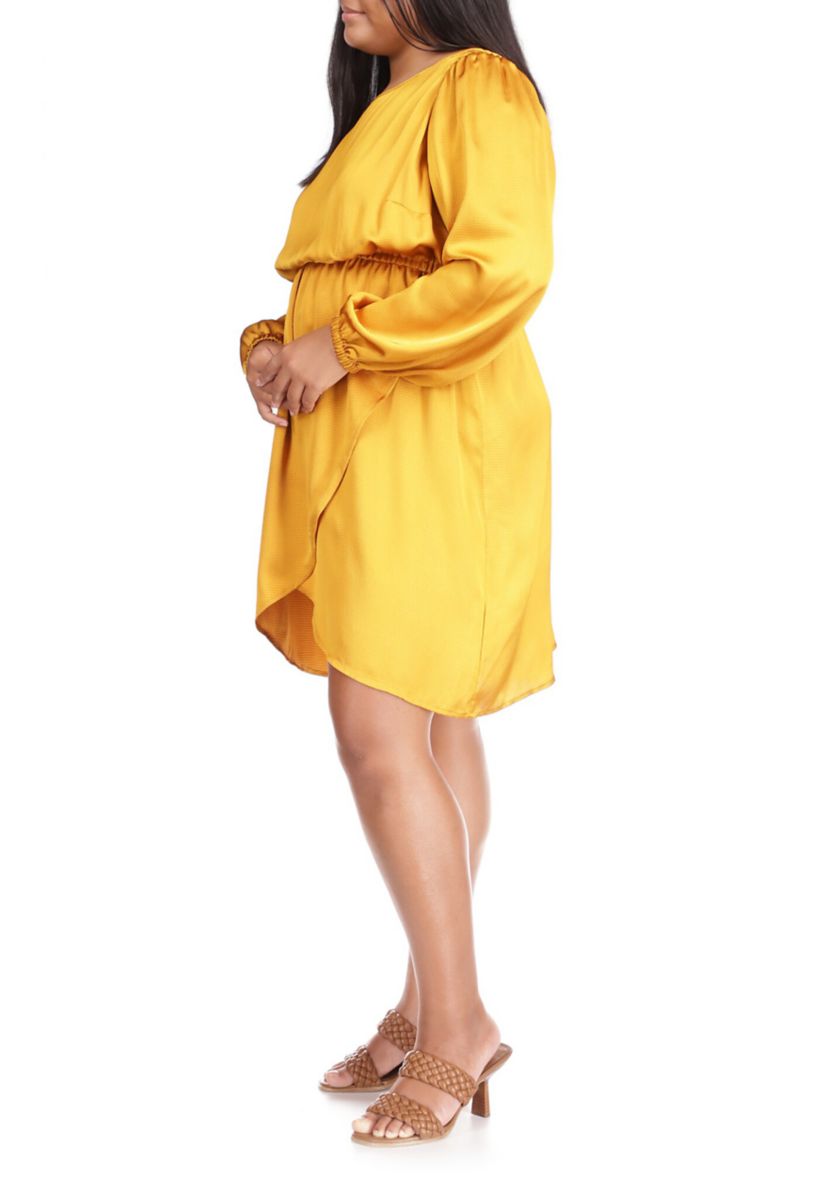 Plus Size Long Sleeve Satin Flounce Dress
