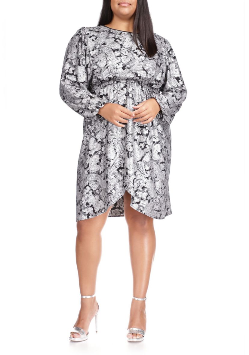 Plus Size Long Sleeve Paisley Flounce Dress