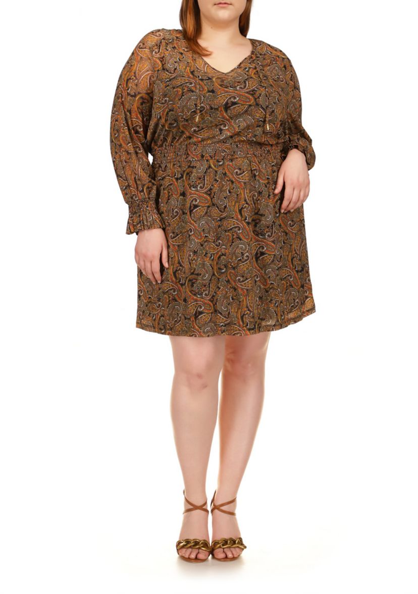 Plus Size Mesh Paisley Peasant Mini Dress