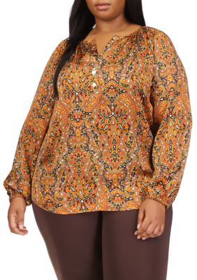 Michael Kors Women's 1X Plus Size Floral Keyhole Crepe Blouse