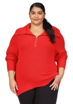 MICHAEL Michael Kors Women's Plus Size Half Zip Shaker Sweater, Crimson -  0196237358523