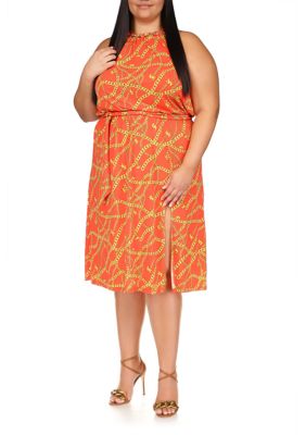 MICHAEL Michael Kors Women's Plus Size Sleeveless Chain Neck Midi Dress, Orange, 0X