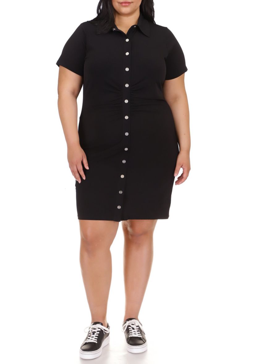Plus Size Short Sleeve Snap Ruched Mini Dress 