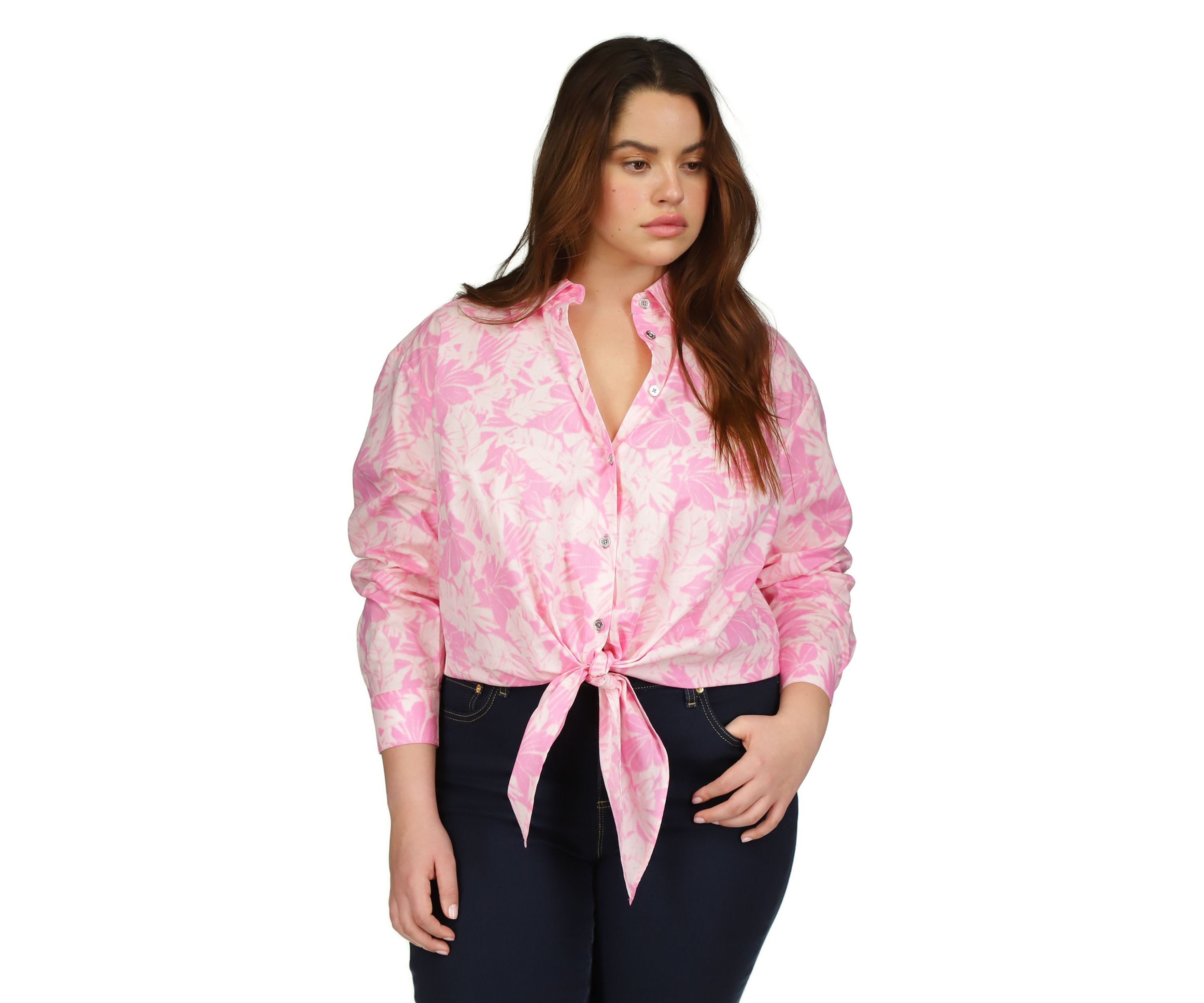 Plus Size Woven Palm Printed Tie Front Blouse