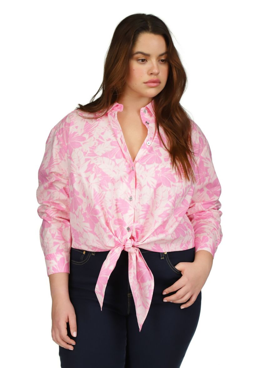 Plus Size Woven Palm Printed Tie Front Blouse