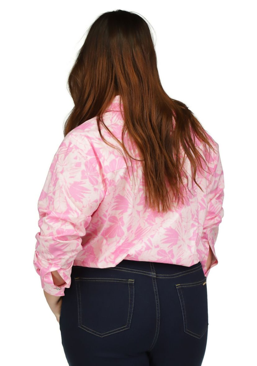 Plus Size Woven Palm Printed Tie Front Blouse