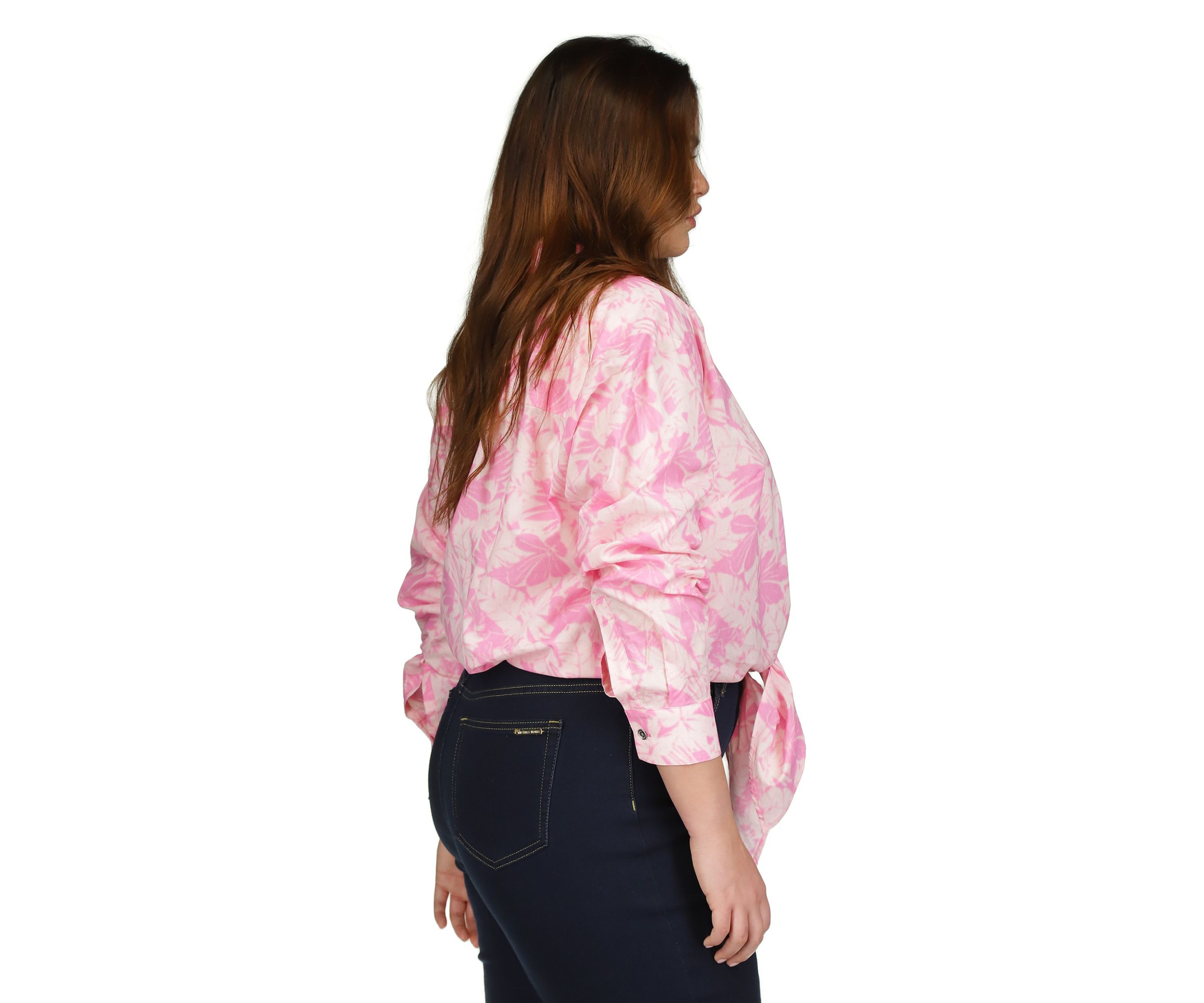 Plus Size Woven Palm Printed Tie Front Blouse