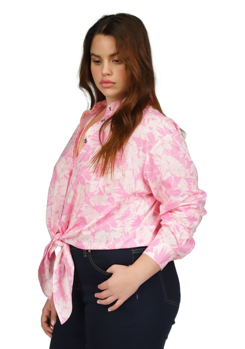Plus Size Woven Palm Printed Tie Front Blouse
