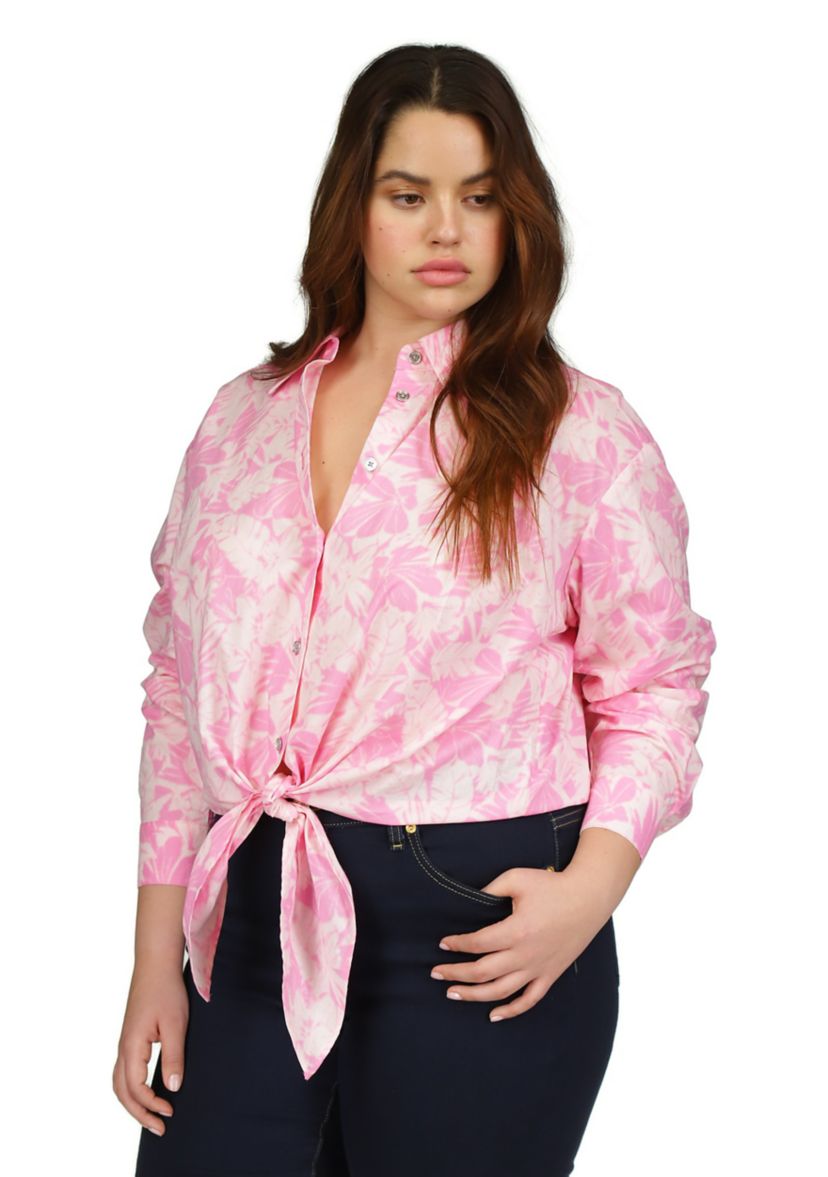 Plus Size Woven Palm Printed Tie Front Blouse