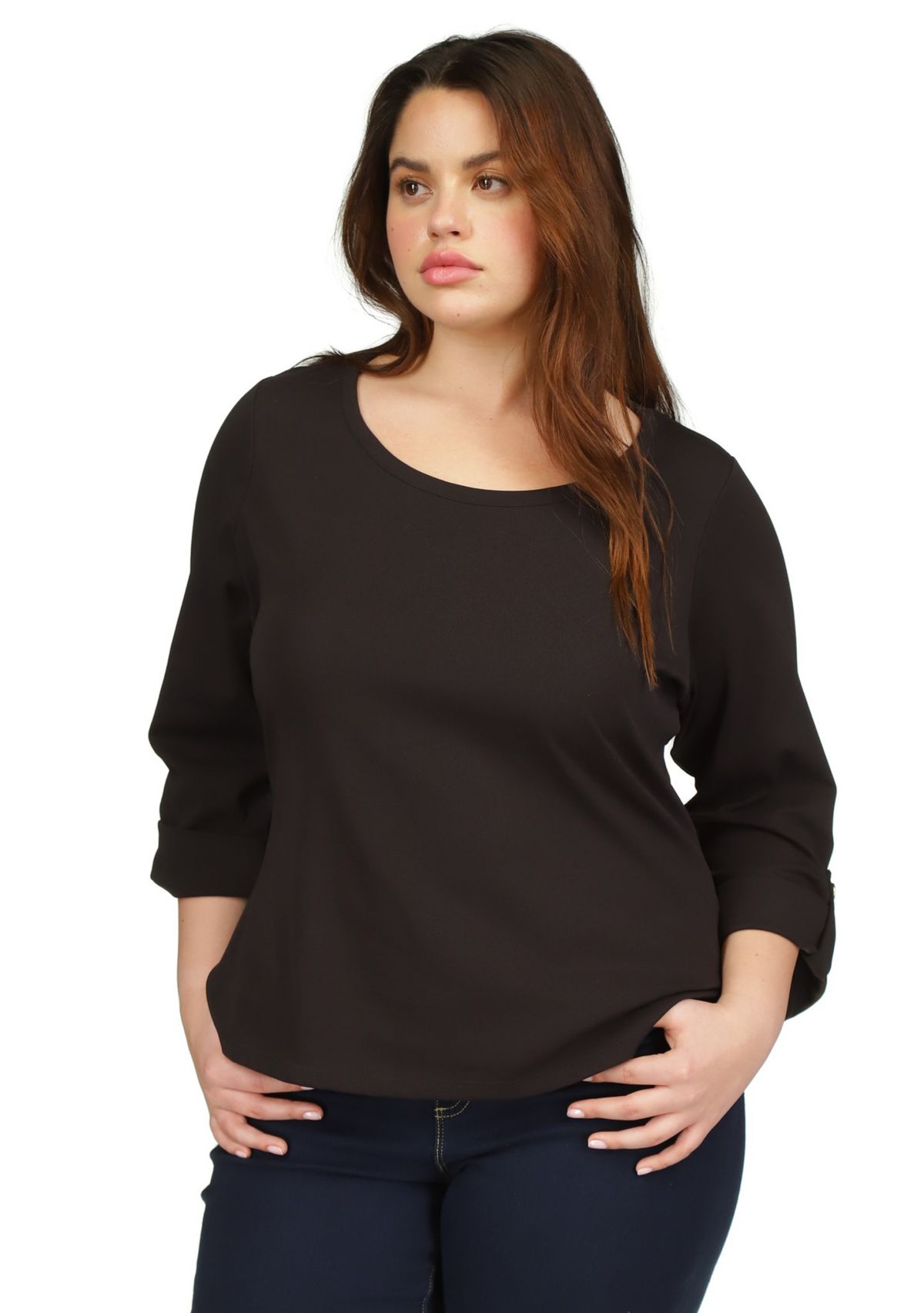 Plus Size Scoop Neck Roll Tab Top