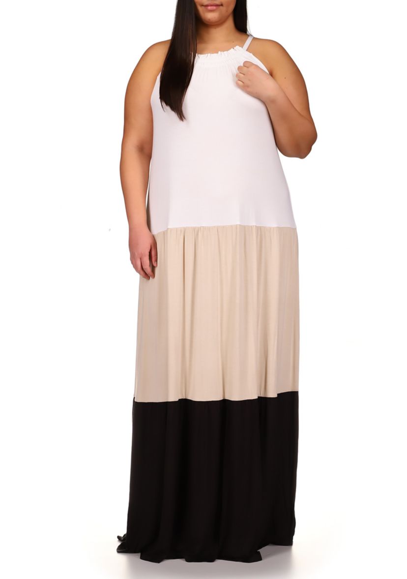 Plus Size Three Tier Color Block Maxi Dress 