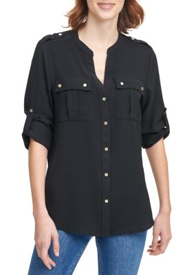 Calvin Klein Women's Modern Essentials Basic Roll Tab Button Front Top, Black, XS -  0194414364923