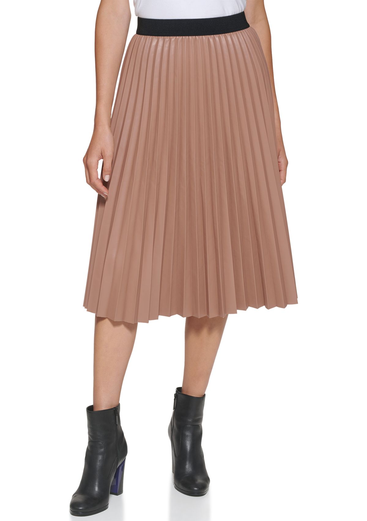 Womens Faux Leather Pleat Midi Skirt