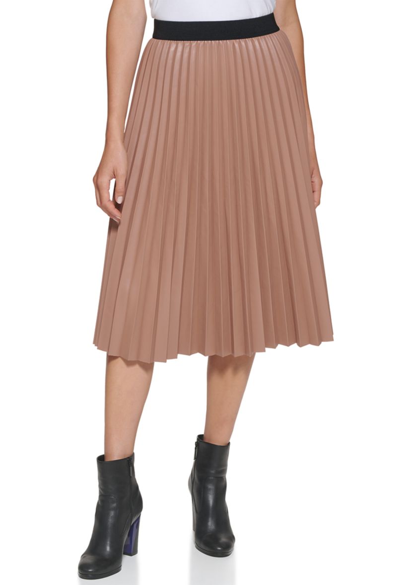 Womens Faux Leather Pleat Midi Skirt
