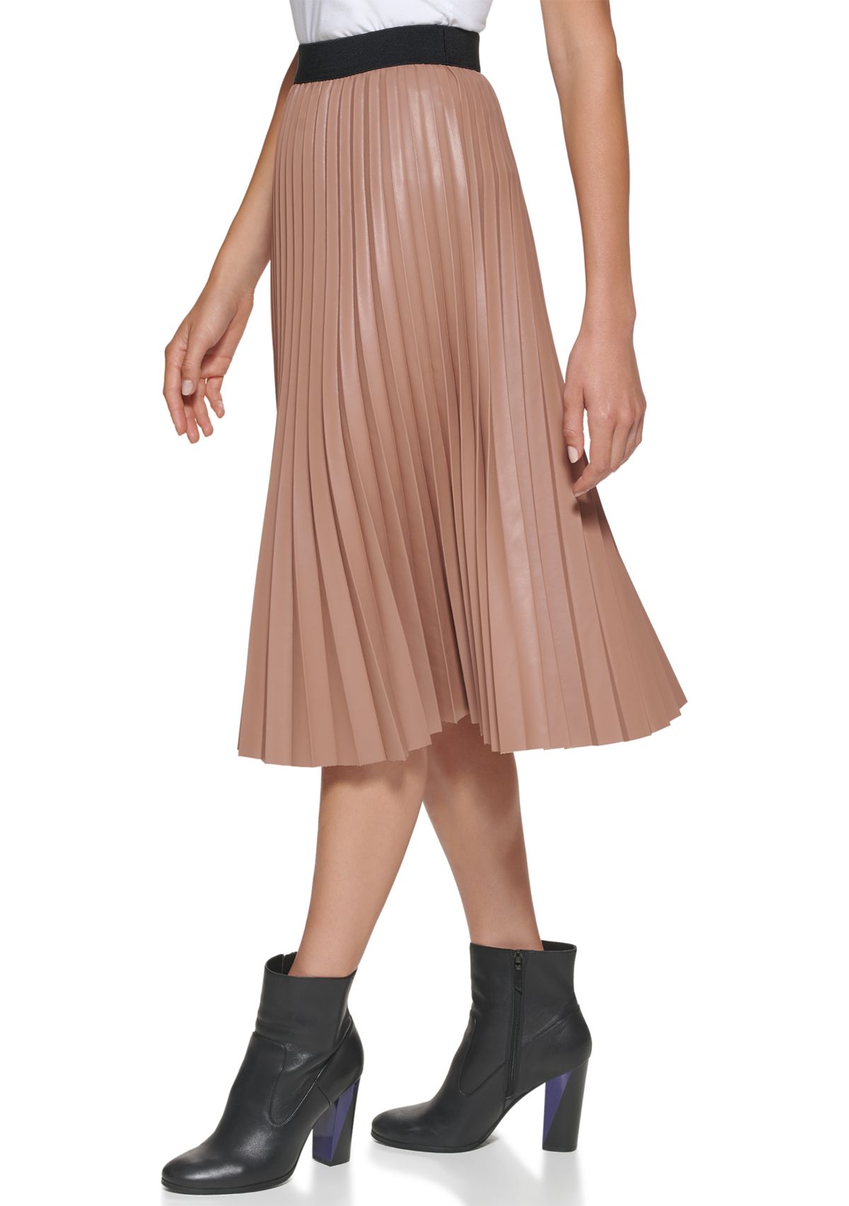 Womens Faux Leather Pleat Midi Skirt