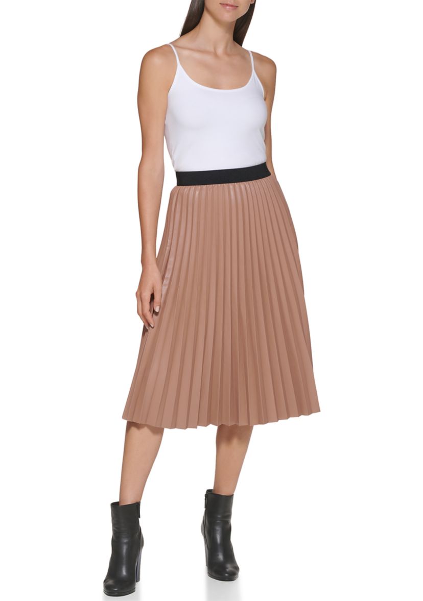 Womens Faux Leather Pleat Midi Skirt