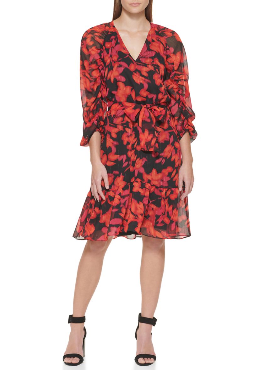 Womens 3/4 Sleeve Floral Print Dress
