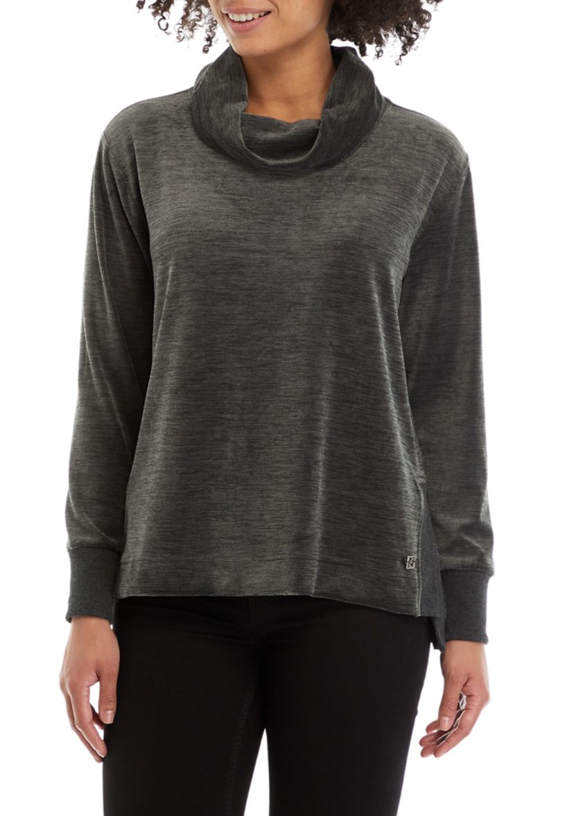 Womens Cowl Neck Velour Pullover Shirt