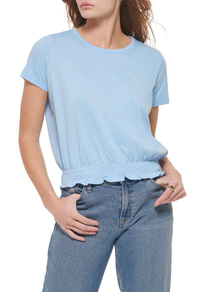 Womens Short Sleeve Smocked Waistband Top