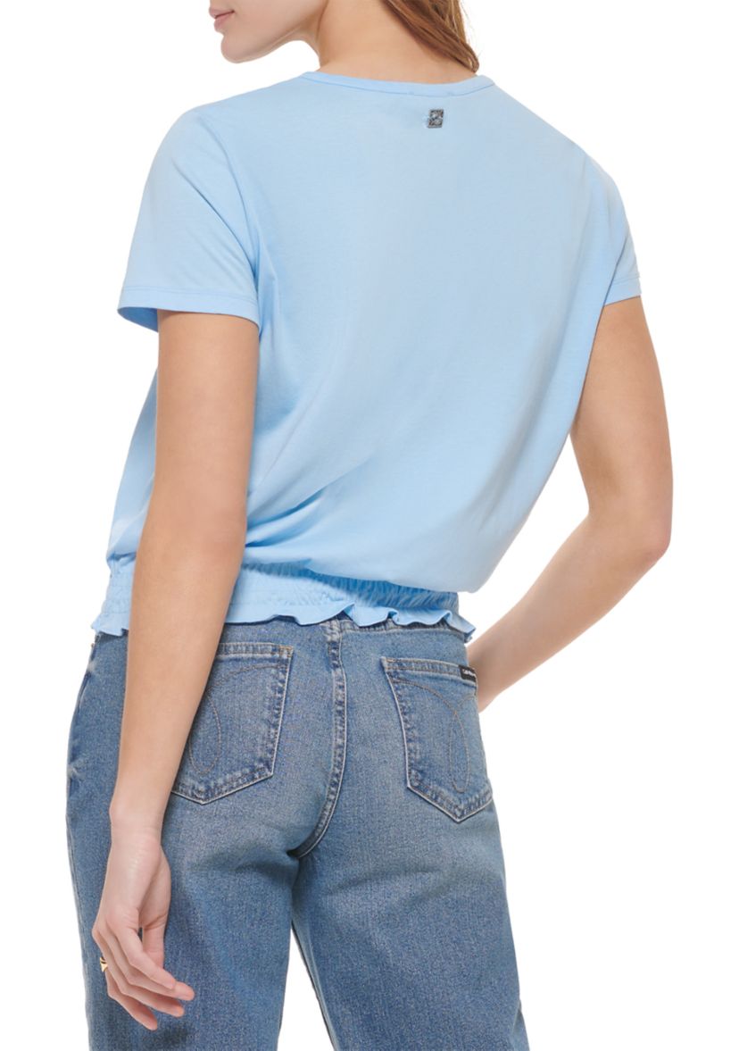 Womens Short Sleeve Smocked Waistband Top